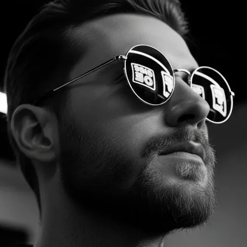 Black and white cinematic portrait of man wearing reflective sunglasses showing city lights — ultra realistic, dramatic lighting, 8K photo.