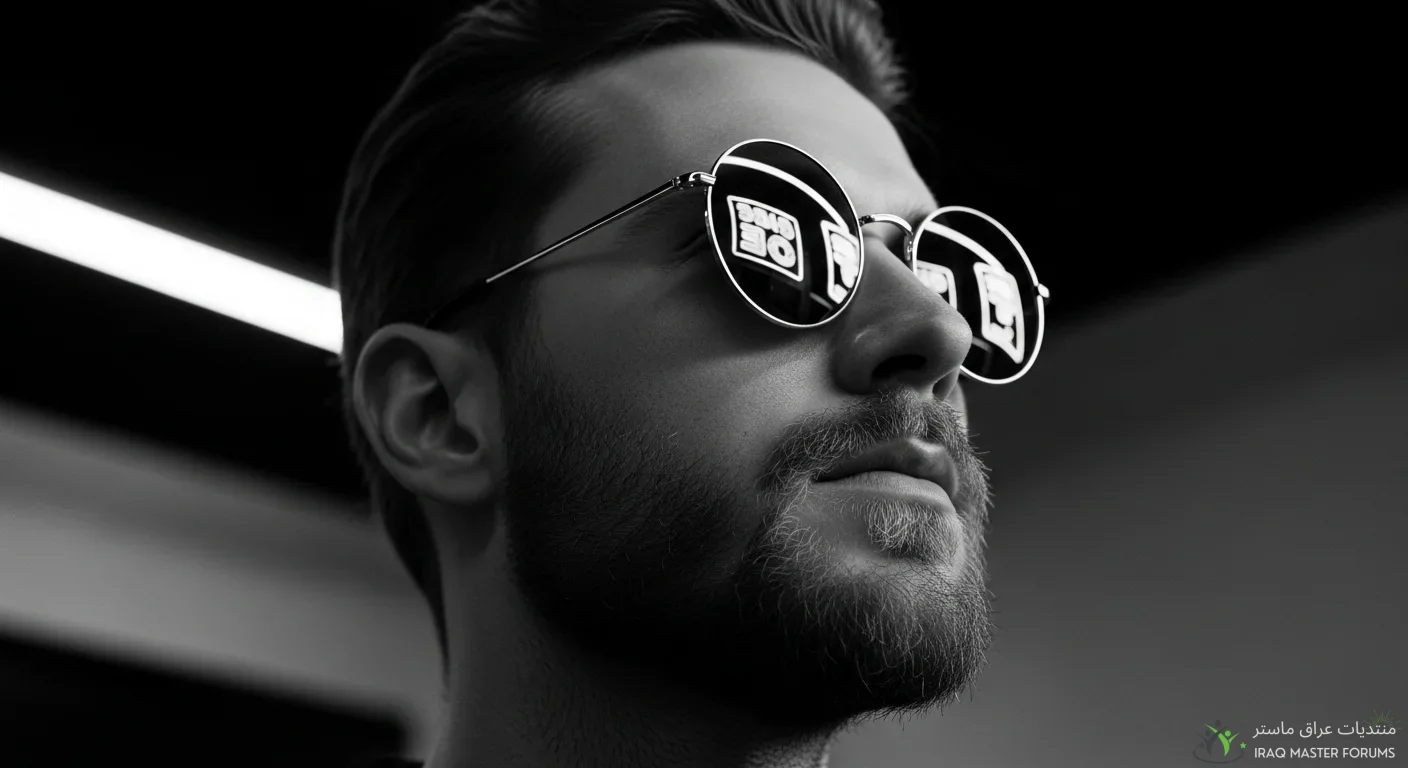 Black and white cinematic portrait of man wearing reflective sunglasses showing city lights — ultra realistic, dramatic lighting, 8K photo.