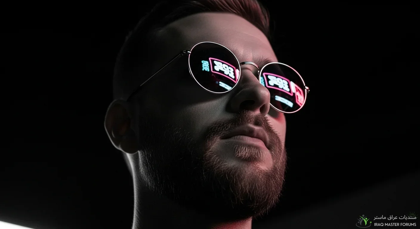 Black and white cinematic portrait of man wearing reflective sunglasses showing city lights - ultra realistic, dramatic lighting, 8K photo.